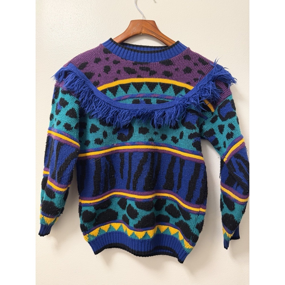 VTG Sostanza Women's Large Animal Print Pullover Sweater Black Blue Abstract USA